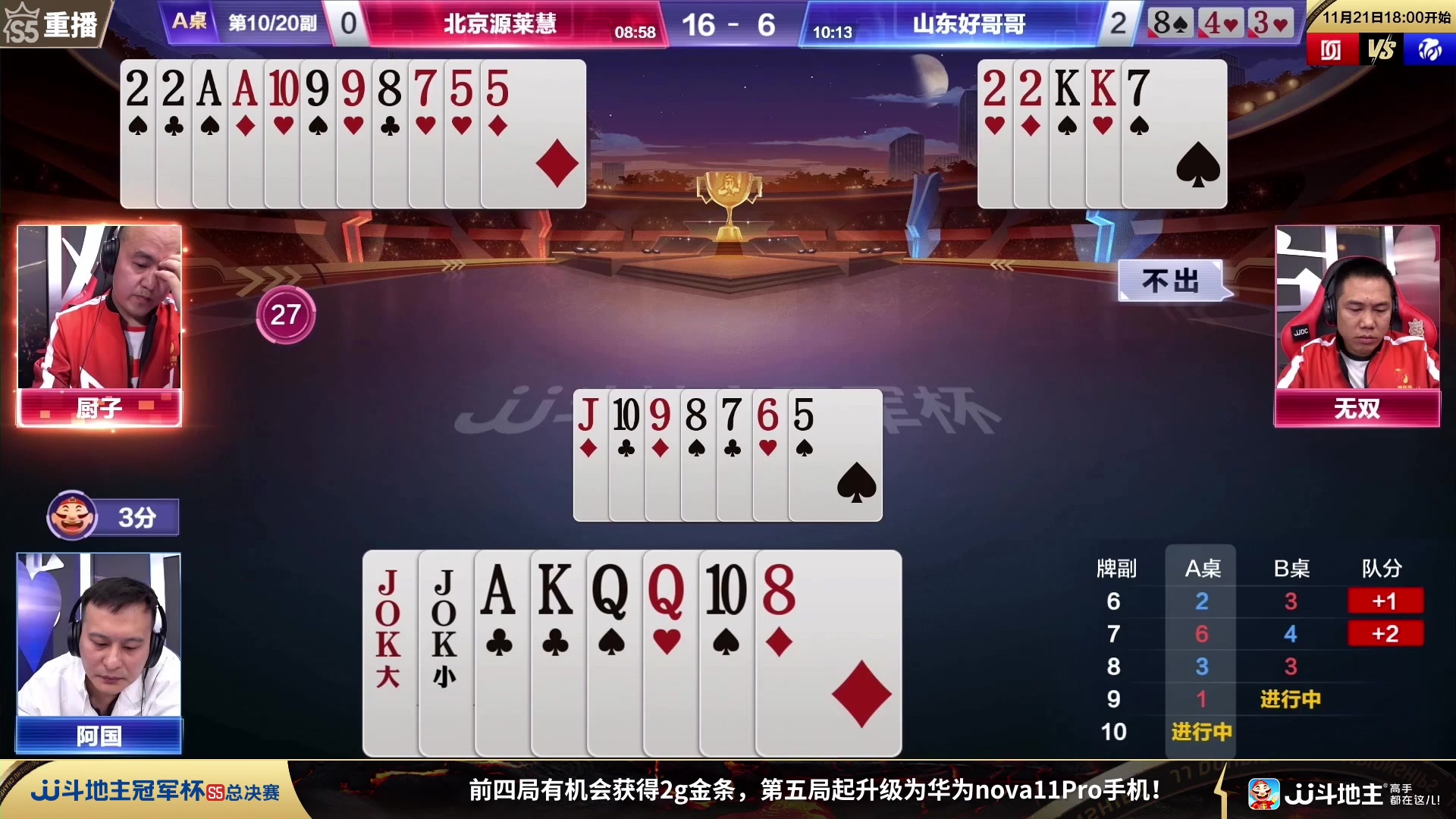 【2023-11-21 13点场】JJ斗地主官方：周二18点，清徐学栋VS源莱慧