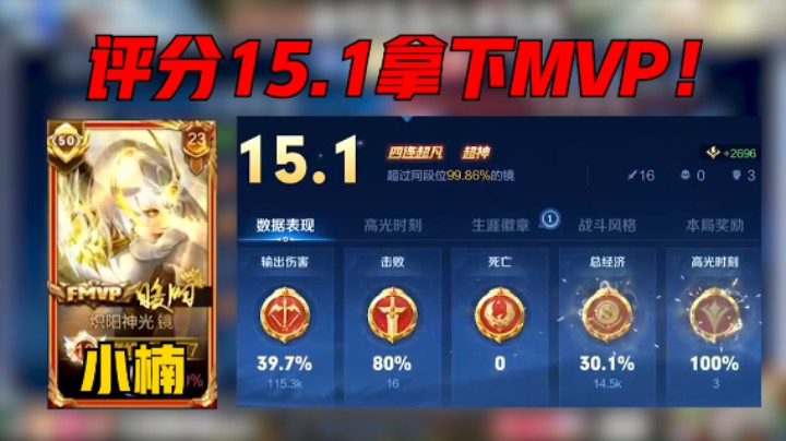 【小楠】小楠巅峰赛2281分，四连超凡，战绩16-0，评分15.1分拿下MVP！