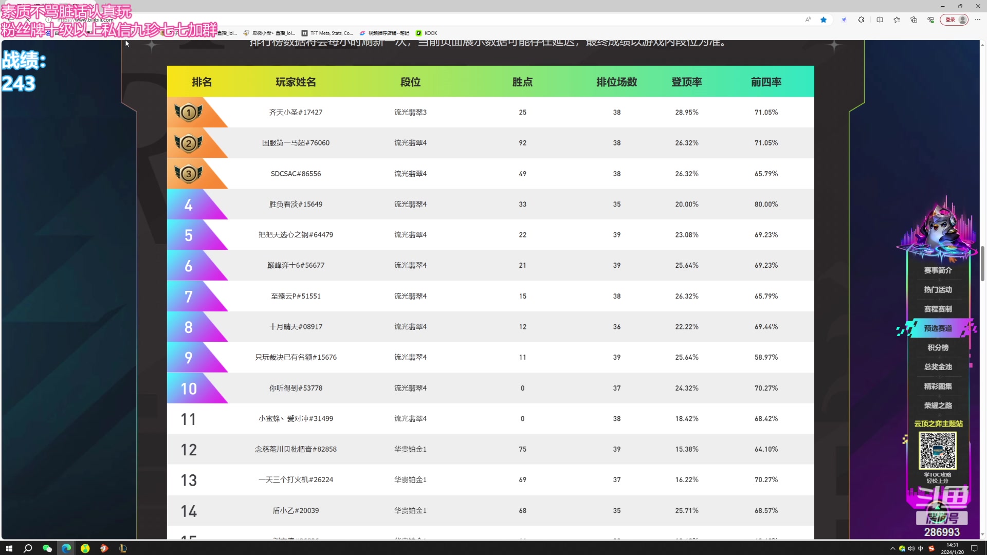【2024-01-20 13点场】卑微小泽丶：小泽：云巅第三天