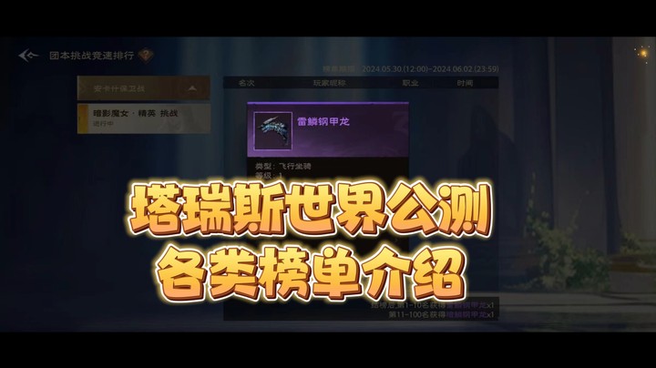 塔瑞斯世界公测各类榜单介绍