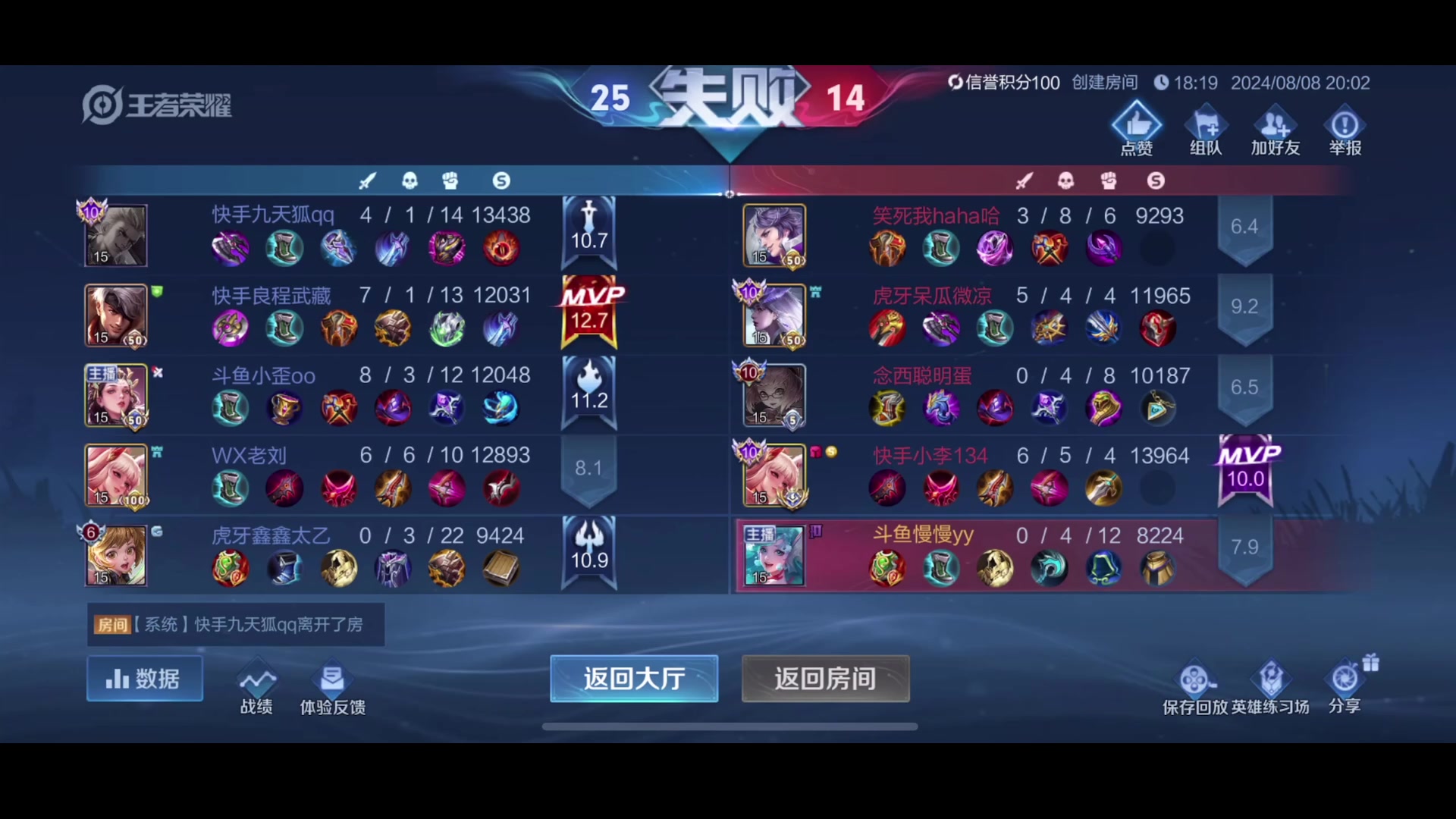 【2024-08-08 20点场】不如叫我慢慢：巅峰赛，7点训练～