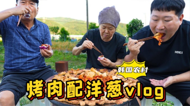 用新丰收的洋葱搭配五花肉、牛肠和大肠一起烤，真是太美味了！