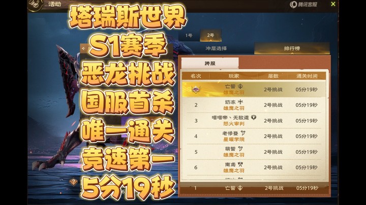 塔瑞斯世界S1赛季恶龙挑战竞速国服首杀唯一通关5分19秒封榜竞速第一