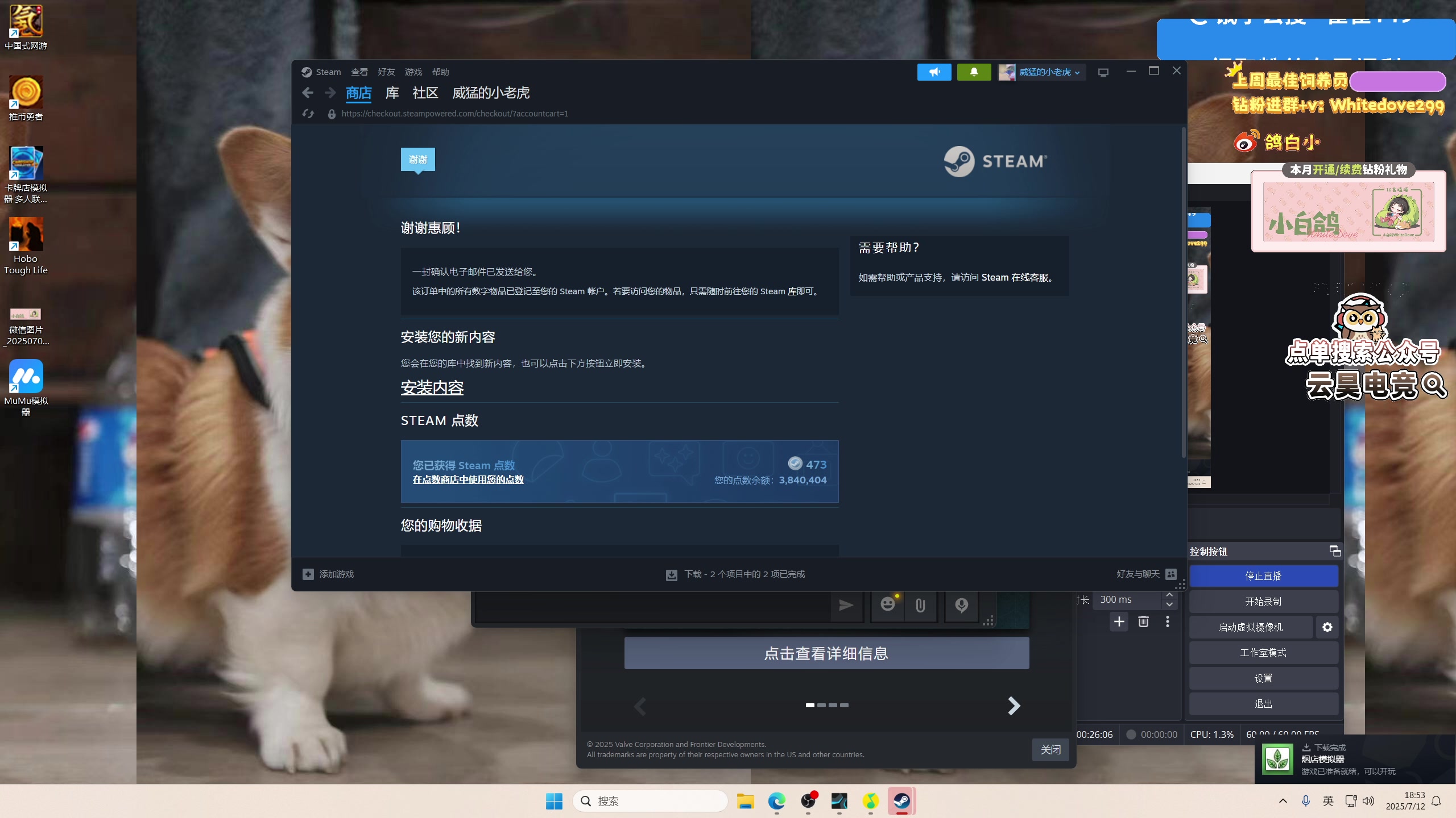 【2025-07-12 18点场】小白鸽WhiteDove：【小白鸽】看会比赛 八点烟店模拟器！