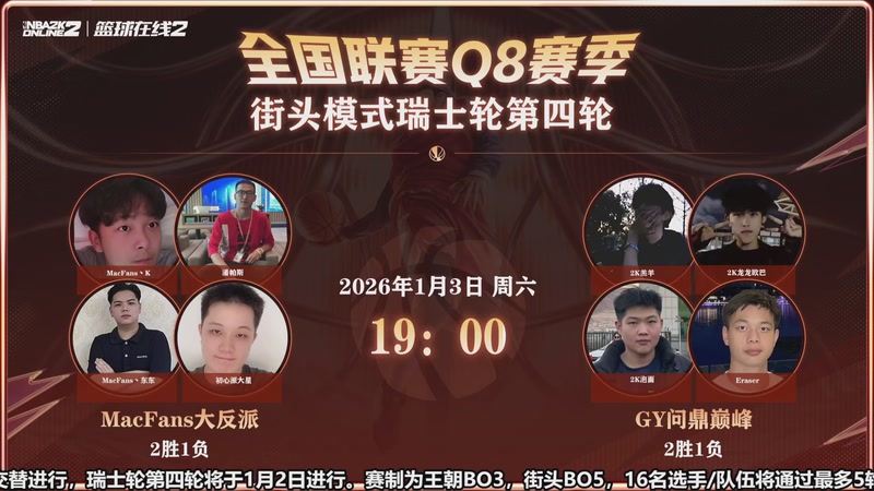 【2026-1-3 18点场】BB凯丶:瑞士轮街头第四轮-今日四场赛事